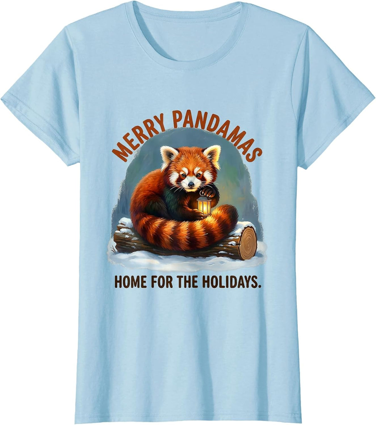 Women's Merry Pandamas, Home For The Holidays Cute Red Panda Lover T-Shirt - Baby Blue
