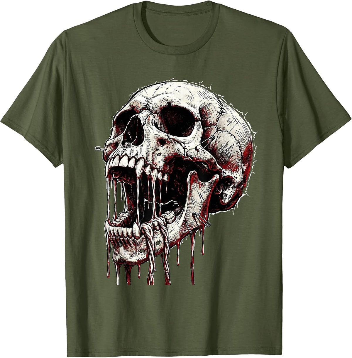 I Have Rabies Unhinged Jaw Dripping Saliva Graphic T-Shirt - Olive Green