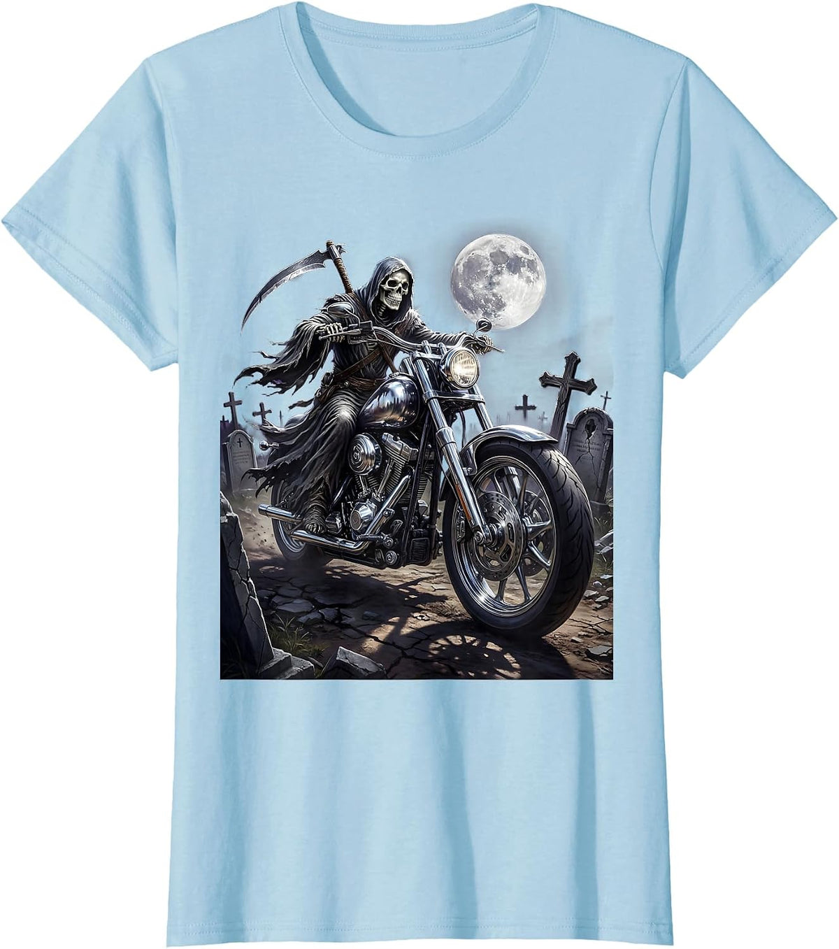 Grim Reaper Biker Graveyard Night Metal Graphic T-Shirt - Baby Blue