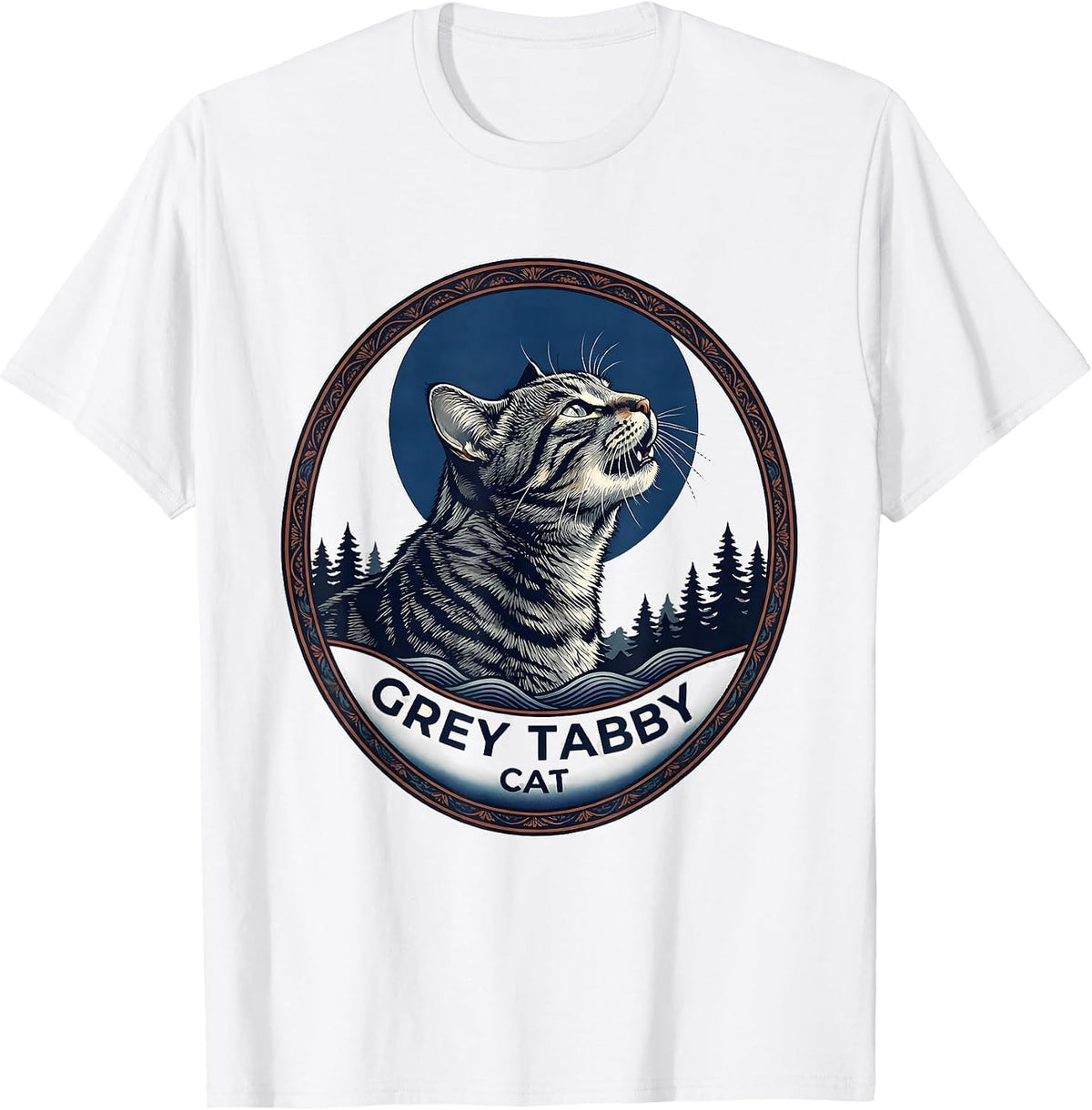 Men's Grey Tabby Cat Howling at Moon Ukiyo-e Retro Cat Owner T-Shirt - White