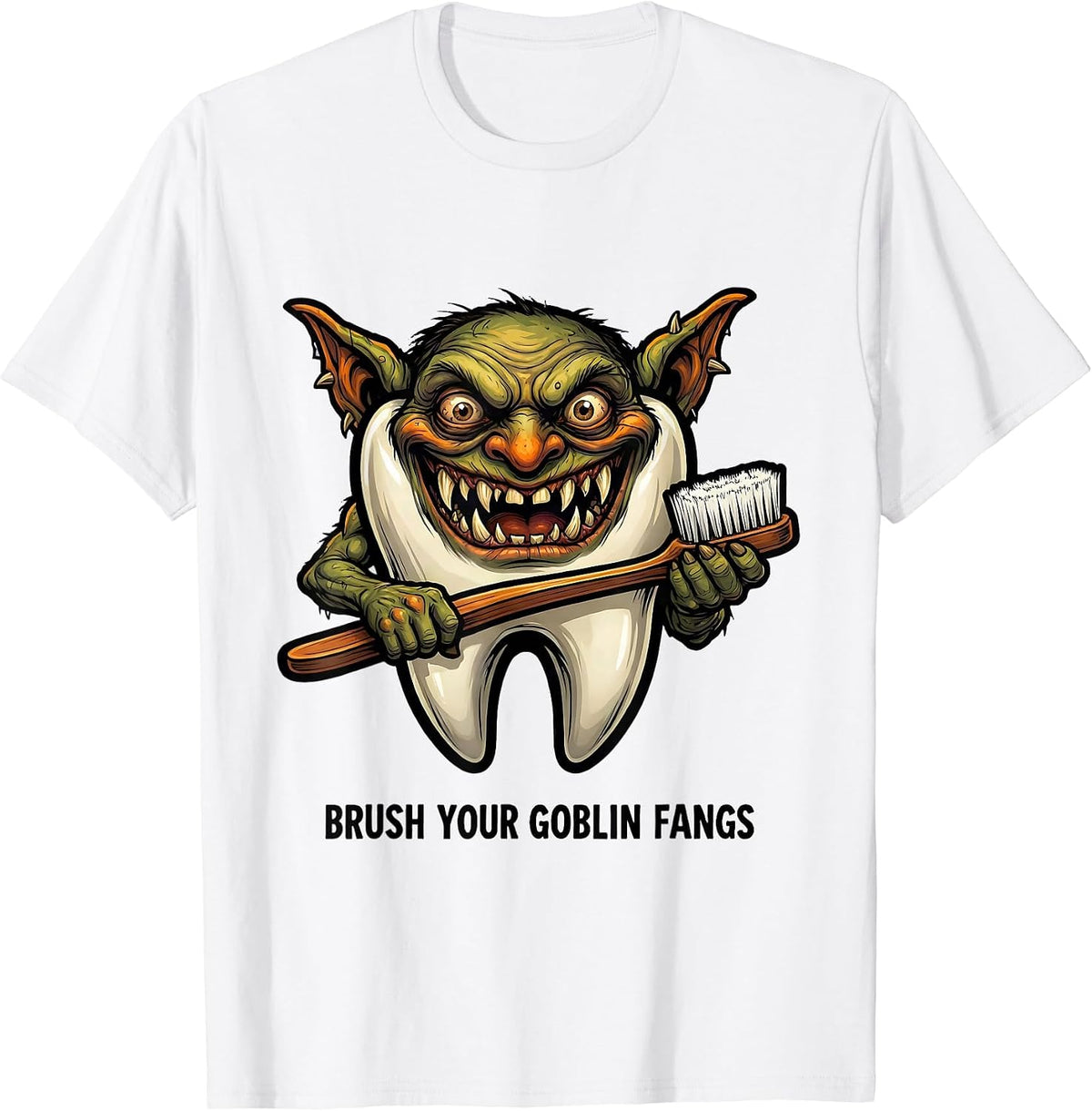 Men's Brush Your Goblin Fangs Funny Dentist Halloween Dental T-Shirt - White