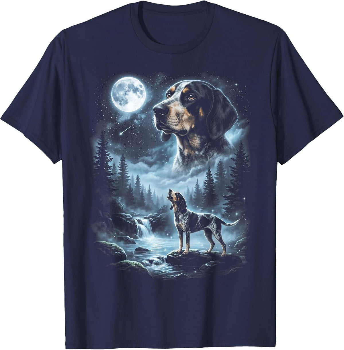 Bluetick Coonhound Howling to the Moon Retro 90's Dog T-Shirt - Navy Blue