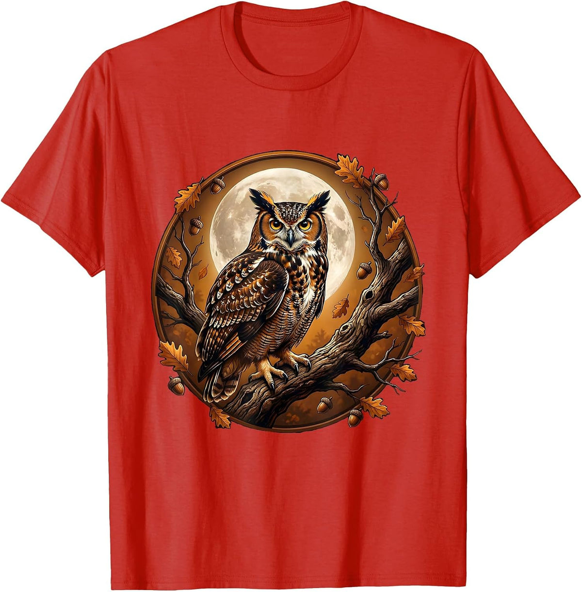 Men's Owl on Branch Full Moon Fall Night Illustration T-Shirt - Red