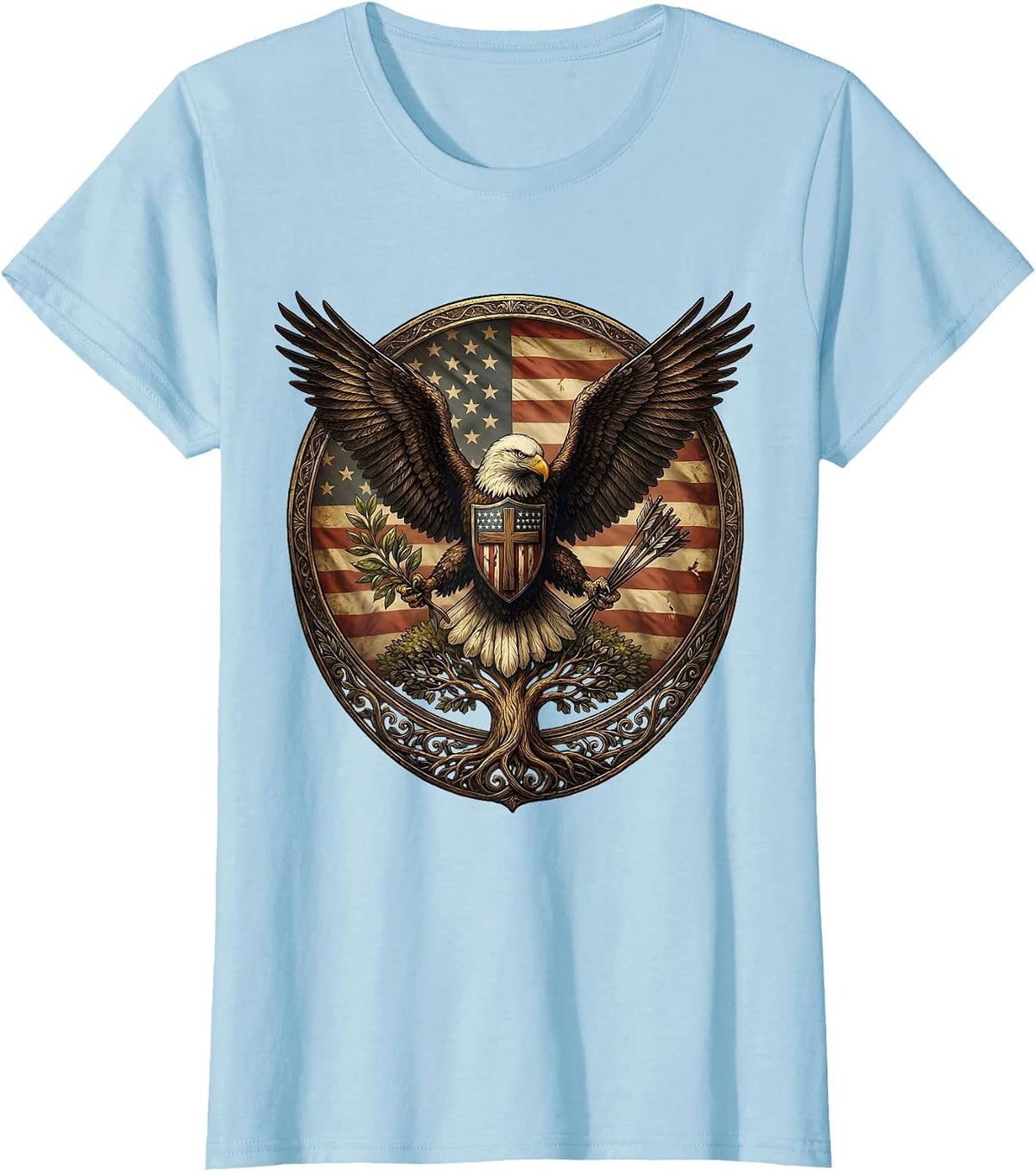 Patriotic Eagle Olive Branch and Arrows Graphic T-Shirt - Baby Blue