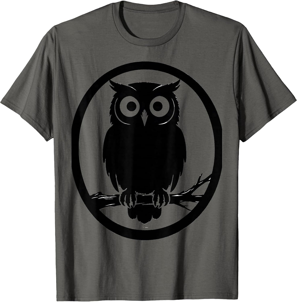 Wise Owl on Branch Wide Eyes Nature Illustration T-Shirt - Asphalt Grey