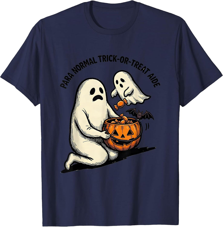 Para Normal Trick-or-Treat Aide Ghost Paraprofessional T-Shirt - Navy Blue