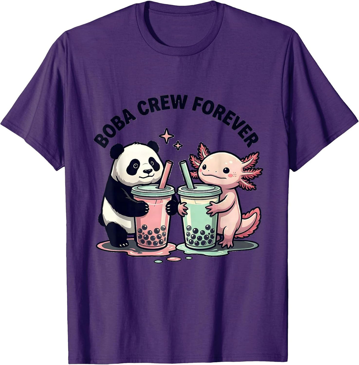 Boba Crew Forever Cute Kawaii Panda and Axolotl Boba Tea T-Shirt - Purple