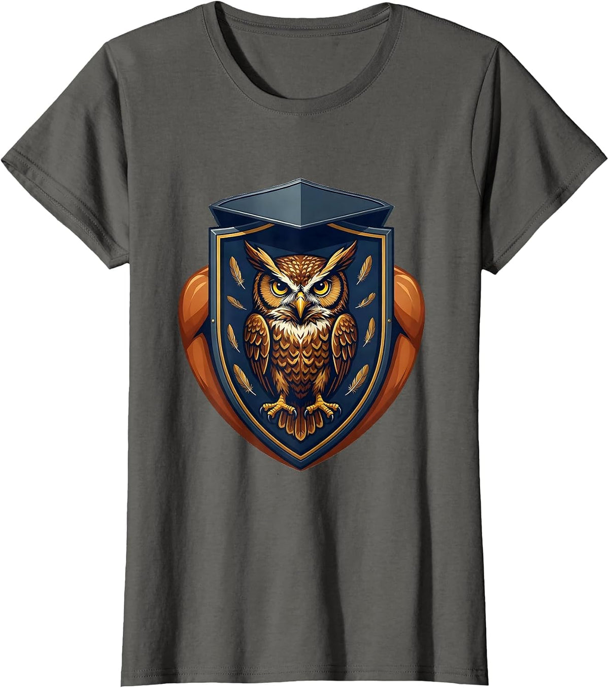 Women's Heraldic Owl Human Faceplate Emblem Halloween Costume T-Shirt - Asphalt Grey