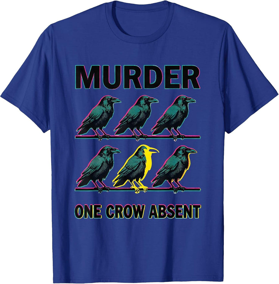 Murder, One Crow Absent Risograph Crow Lover Dark Humor Pun T-Shirt - Royal Blue