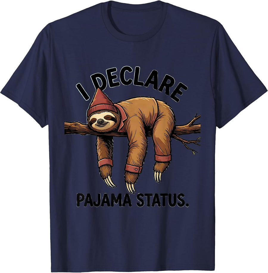 I Declare Pajama Status Funny Sloth Lover Sleepover Gift T-Shirt - Navy Blue