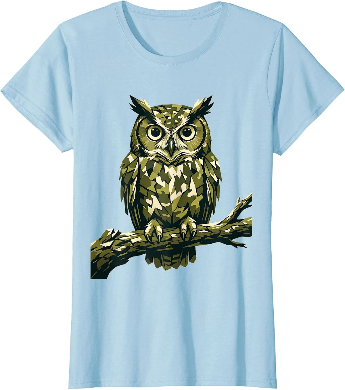 Camo Owl Perched on Branch Graphic Design T-Shirt - Baby Blue