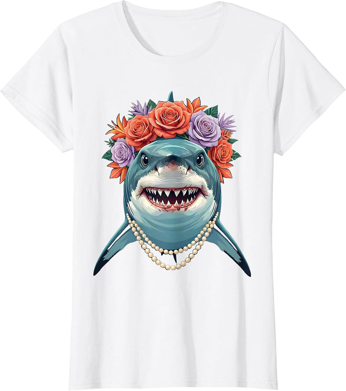 Mommy Shark Floral Crown and Pearls Illustration T-Shirt - White