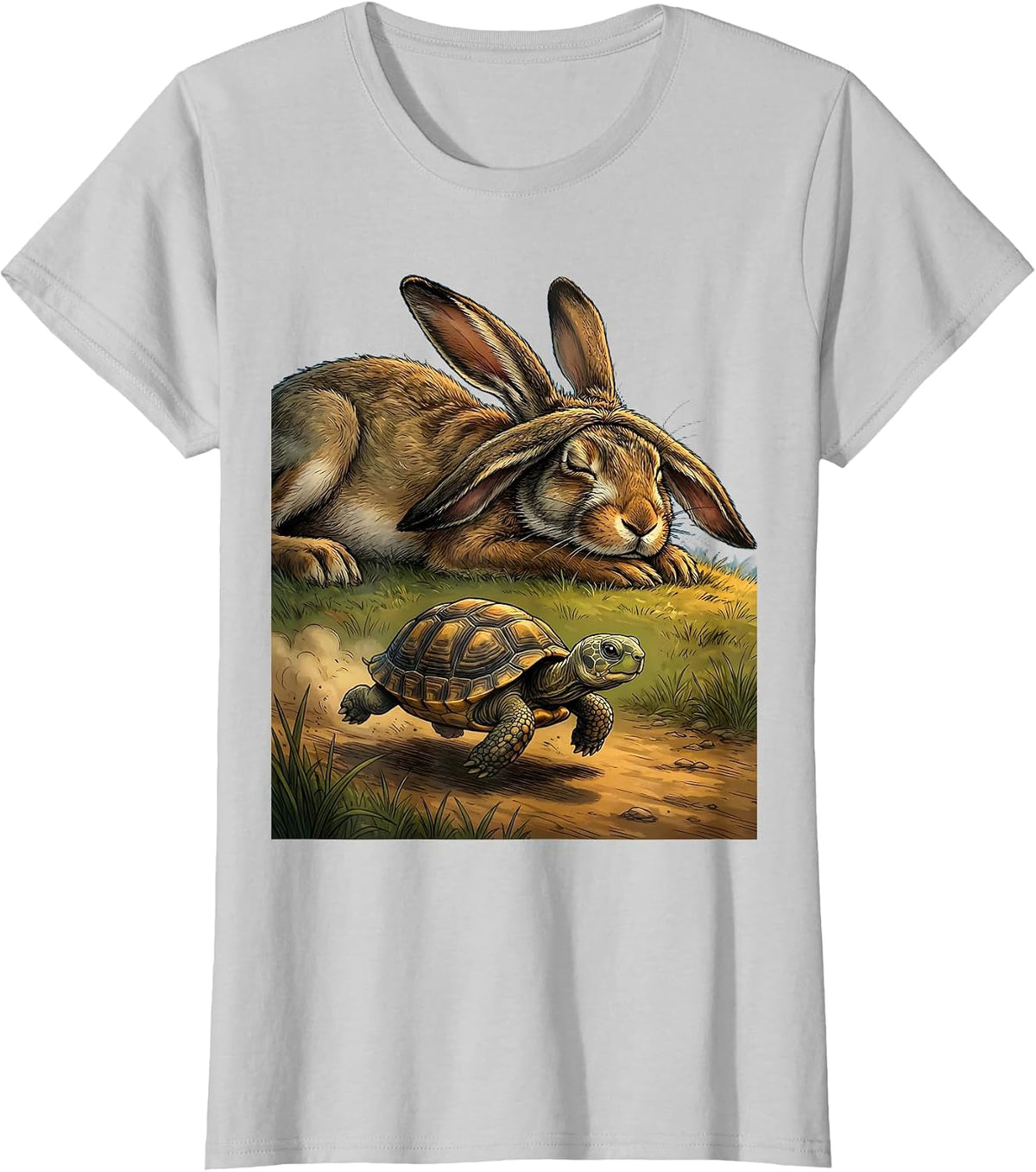 Women's Small Turtle Racing Giant Hare Big Little Design T-Shirt - Silver Grey