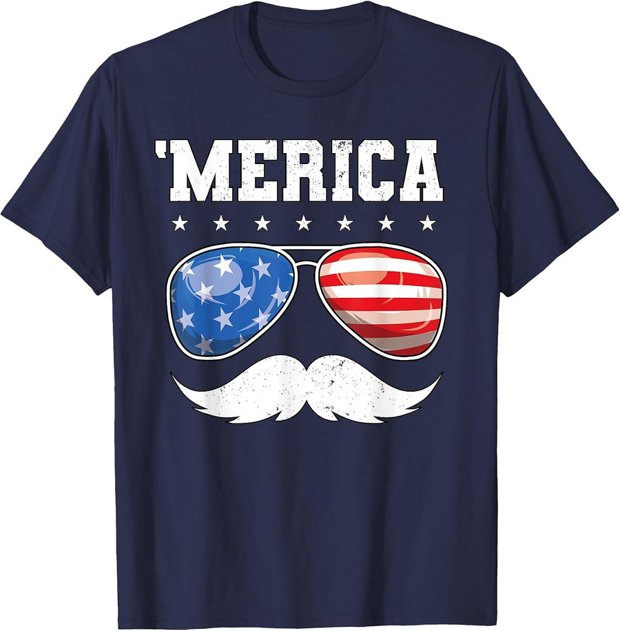 4th of July T Shirt Men Boys Mustache Sunglasses USA Flag T-Shirt - Navy Blue