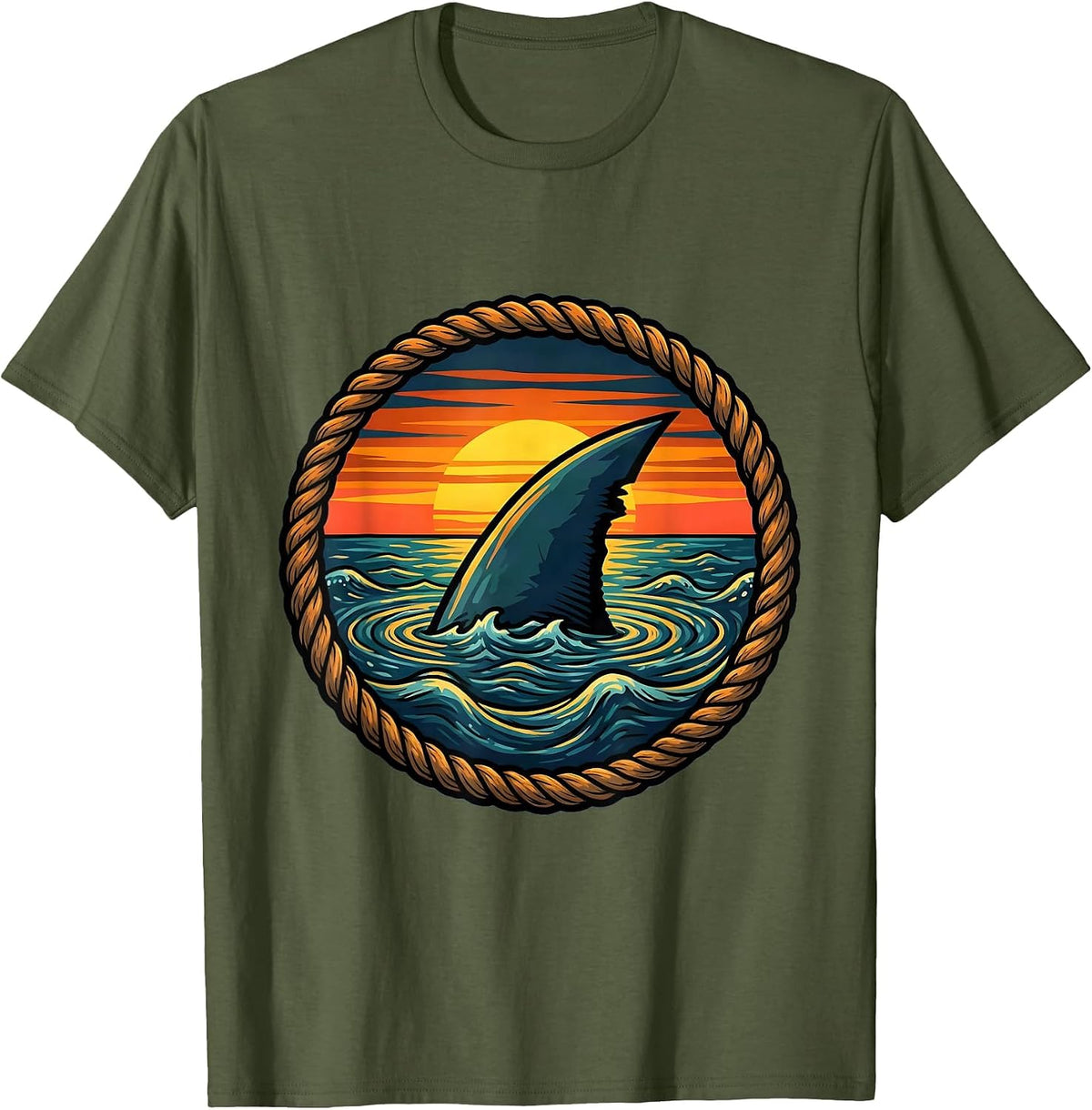 Hawaiian Shark Fin Sunset Ocean Graphic T-Shirt - Olive Green