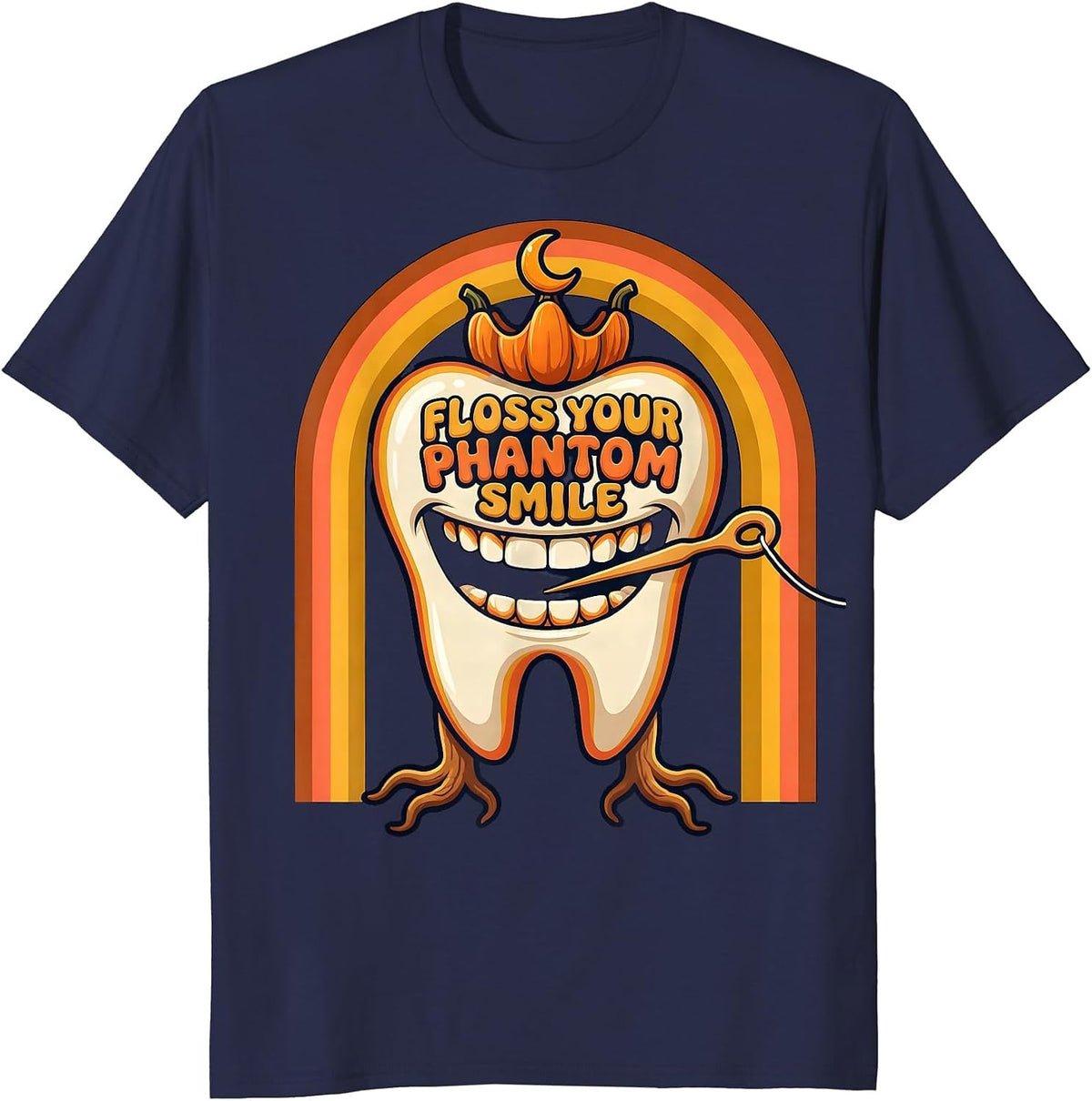 Men's Floss Your Phantom Smile Retro 70s Halloween Dentist Dental T-Shirt - Navy Blue