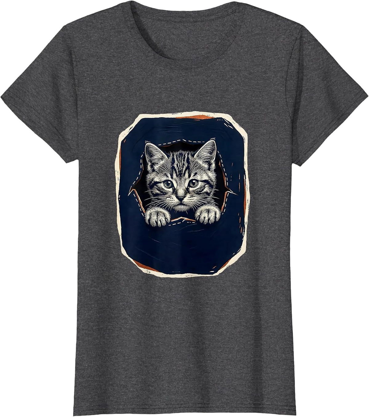 Women's Silver Tabby Kitten Peeking Pocket Cute Cat Lover Gift T-Shirt - Dark Heather Grey