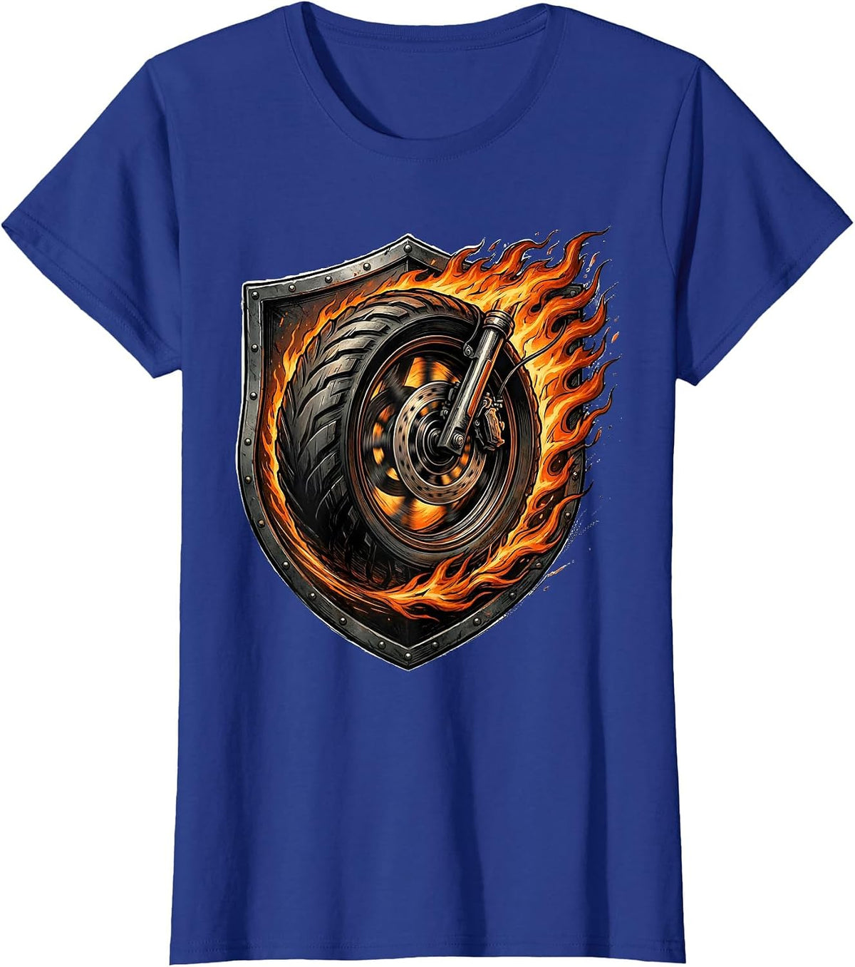 Women's Flaming Motorbike Wheel Rock and Roll Graphic T-Shirt - Royal Blue