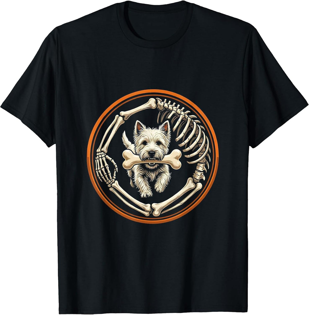 Men's Halloween Skeleton Chasing Westie Dog Breed Humor T-Shirt - Black