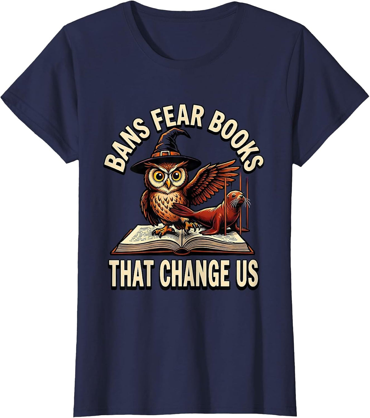 Women's Bans Fear Books That Change Us Cartoon Witch Bookish T-Shirt - Navy Blue