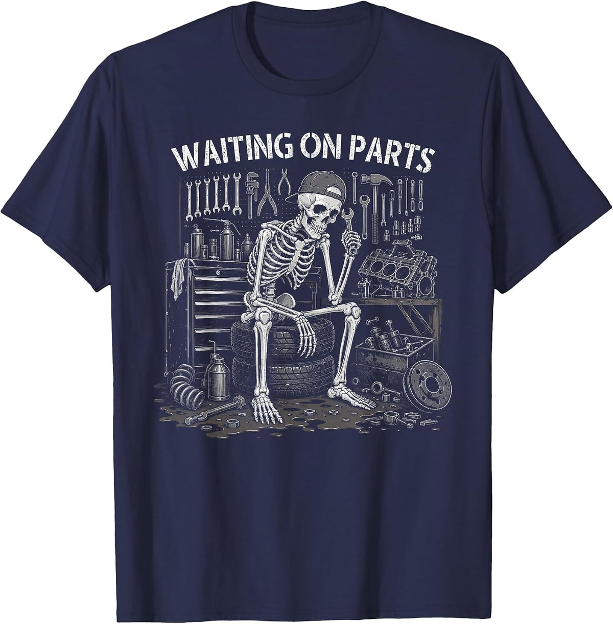 Funny Waiting On Parts Mechanic Skeleton Auto Repair Life T-Shirt - Navy Blue