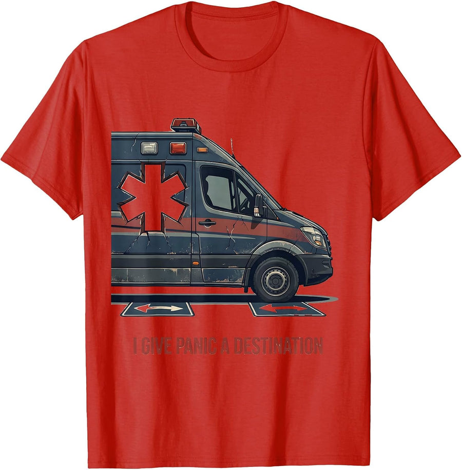 Men's I Give Panic A Destination Distressed EMT Paramedic Humor T-Shirt - Red