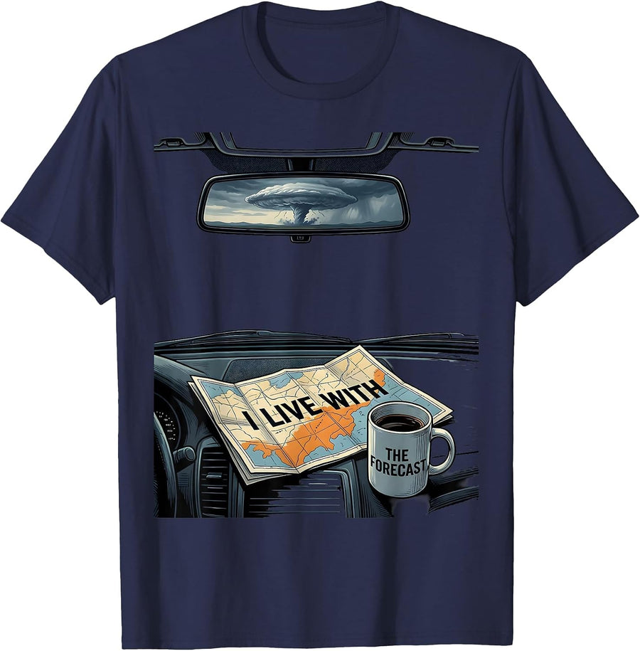 I Live With The Forecast Funny Storm Chaser Meteorology T-Shirt - Navy Blue