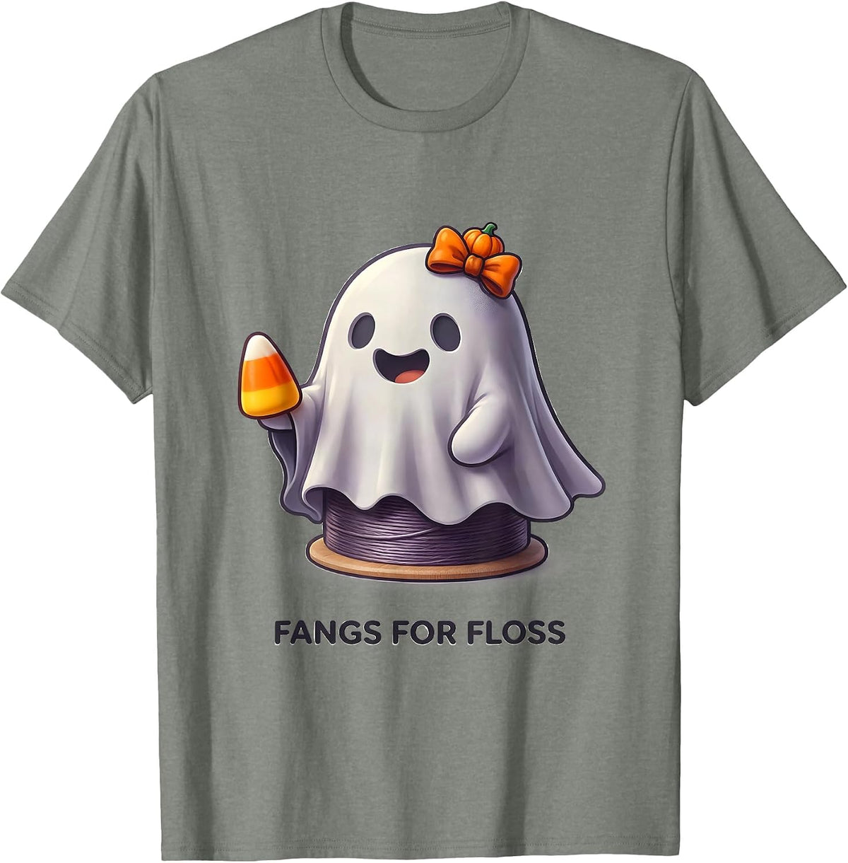 Men's Fangs For Floss Cute Kawaii Halloween Dental Hygienist Humor T-Shirt - Olive Heather
