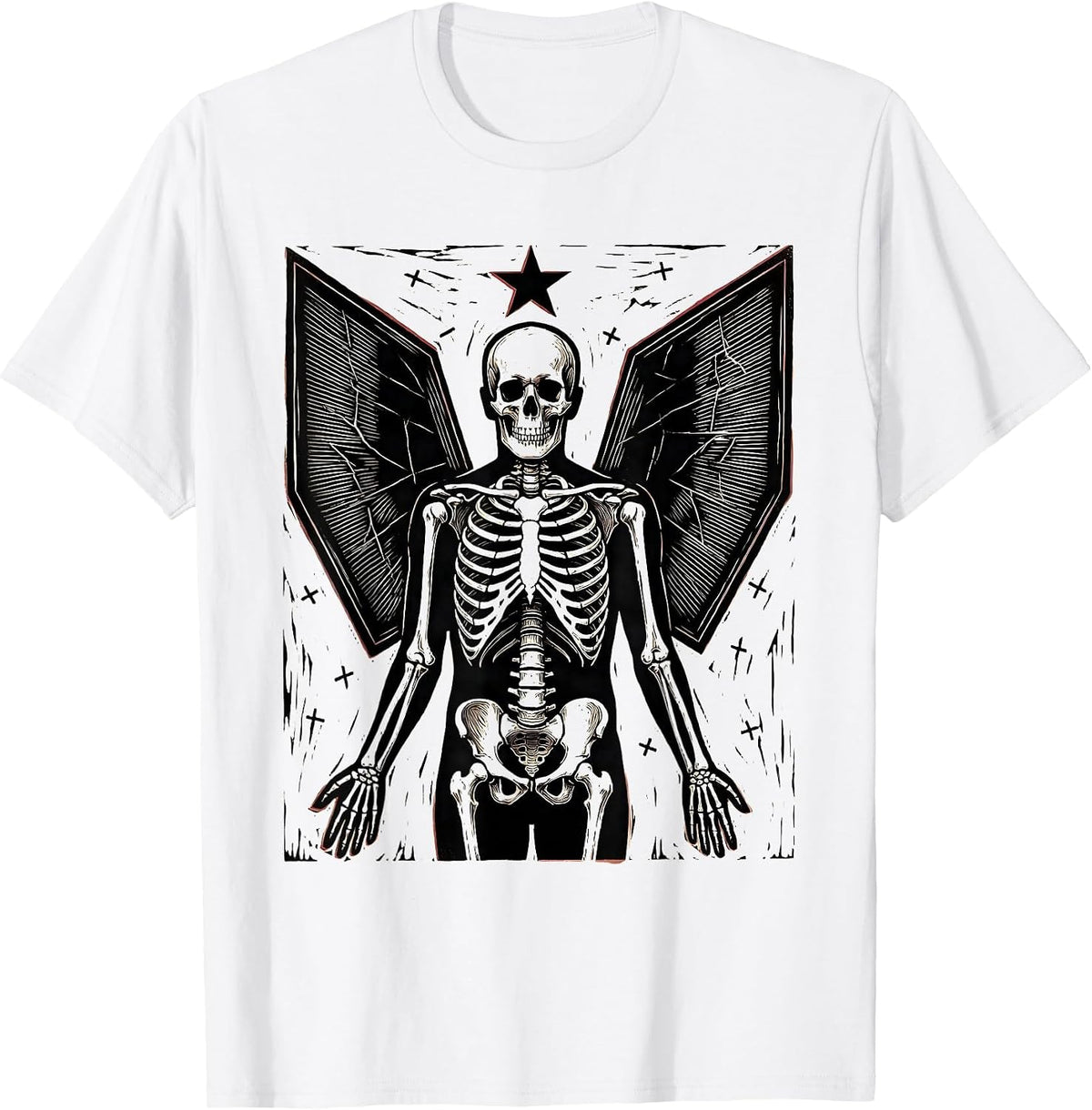 Men's Radiographic Skeleton Angel Linocut Radiology Tech Humor T-Shirt - White