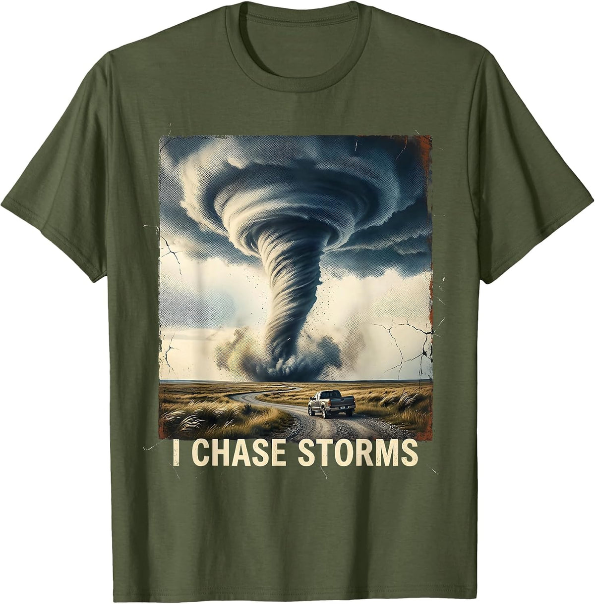 Men's I Chase Storms Distressed Storm Chaser Meteorology Weather T-Shirt - Olive Green
