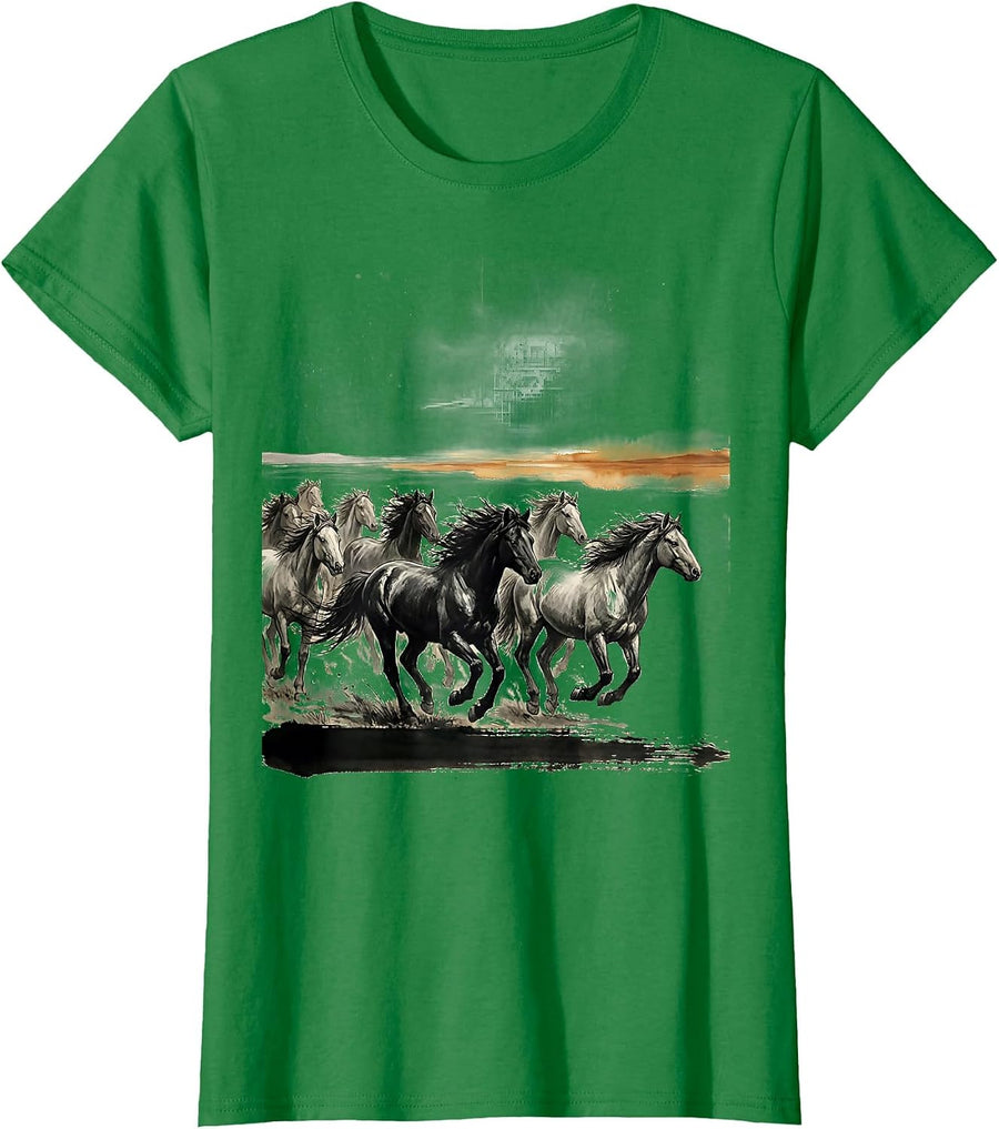 Women's Wild Horse Herd Sunset Horizon Graphic T-Shirt - Kelly Green