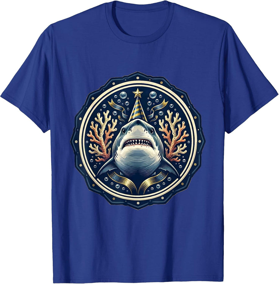 Shark Birthday Party Hat Underwater Celebration T-Shirt - Royal Blue