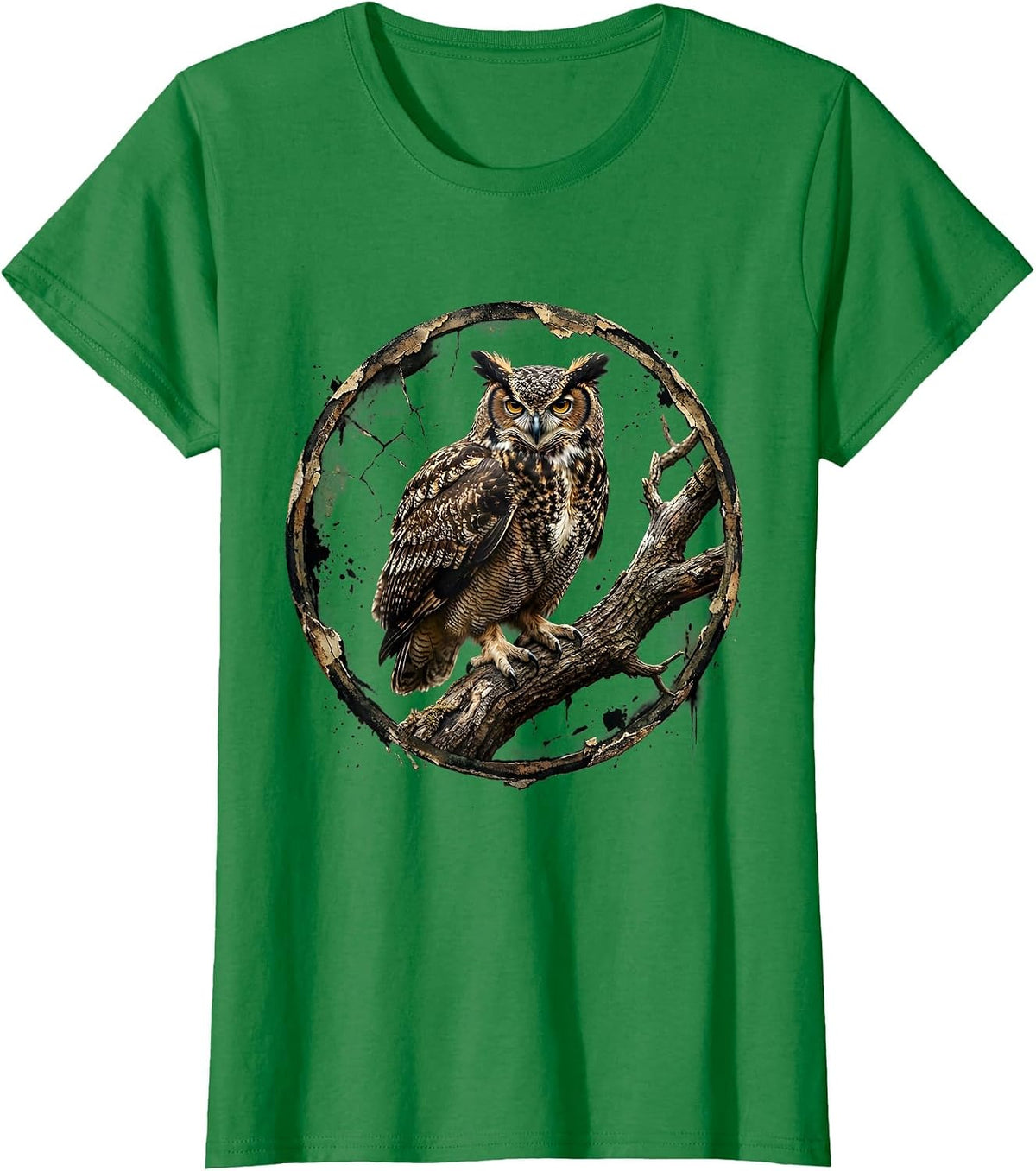 Women's Camo Owl Perched on Branch Nature Design T-Shirt - Kelly Green