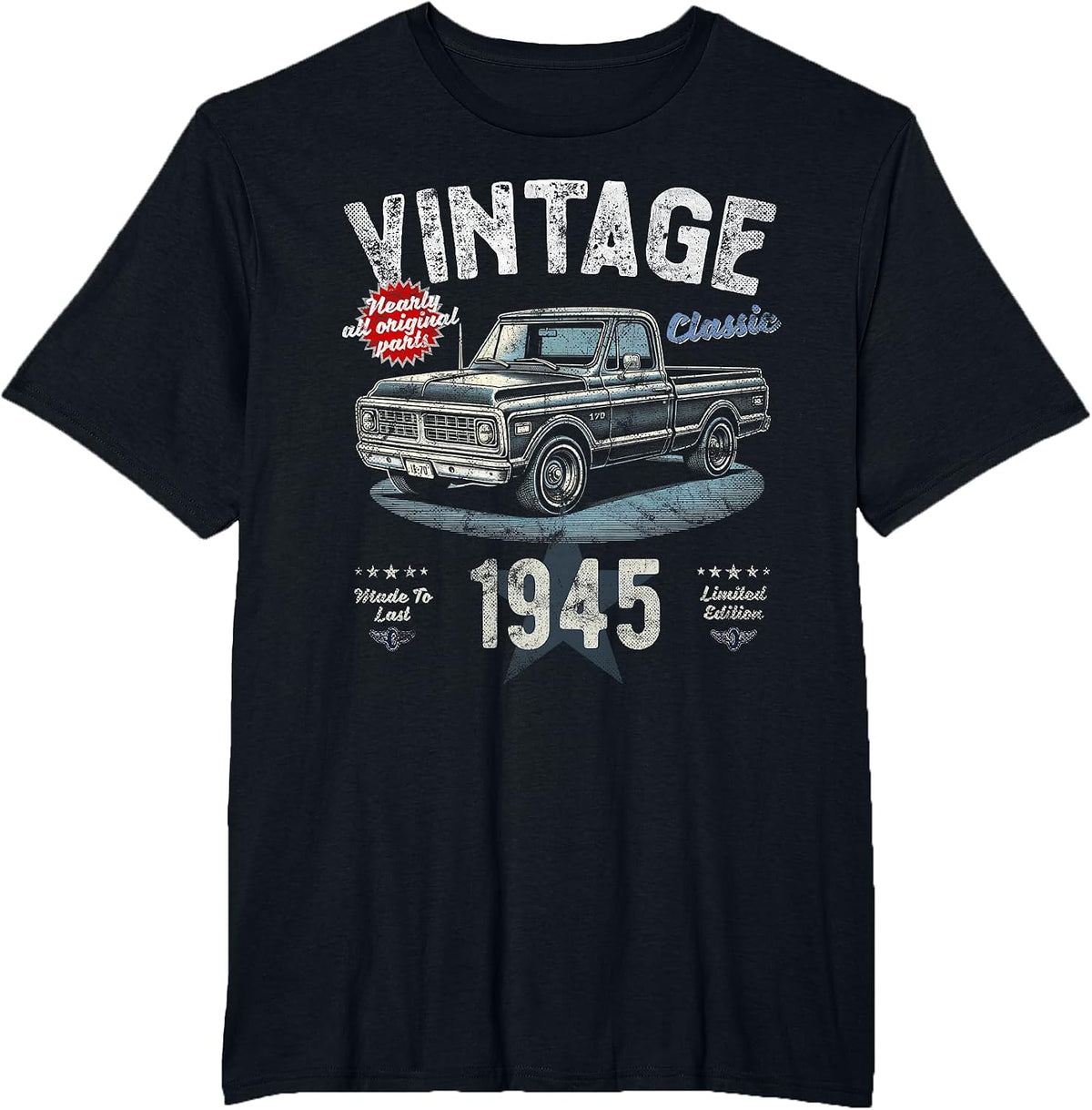 Vintage, Born 1945, 80th Birthday, Classic Pick Up Truck T-Shirt - Black