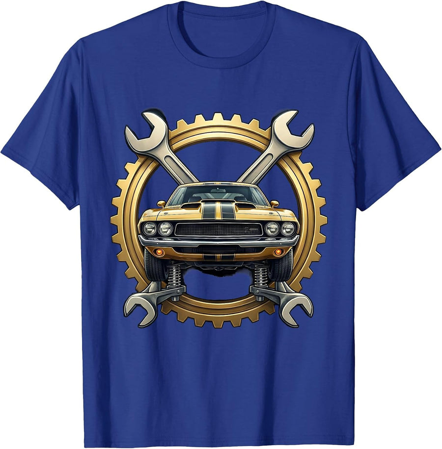 Classic Muscle Car on Jack Stands Mechanic Graphic T-Shirt - Royal Blue