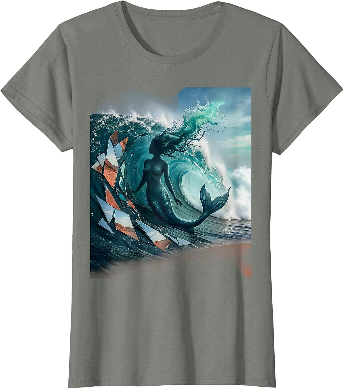 Mermaid Silhouette Ocean Wave Curl Graphic T-Shirt - Olive Heather