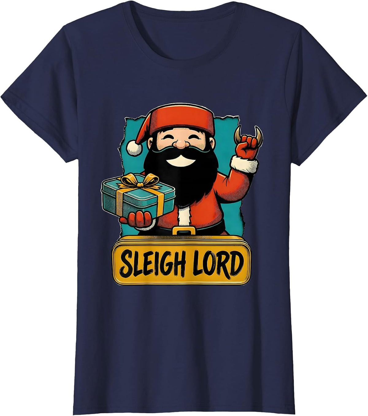 Women's Sleigh Lord Retro Advertising Mascot Heavy Metal Rock T-Shirt - Navy Blue