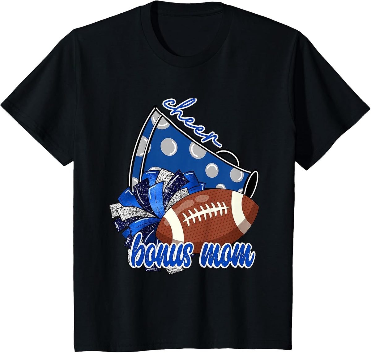 Cute Cheer Bonus Mom Graphic Tee Trendy Megaphone Football T-Shirt - Black