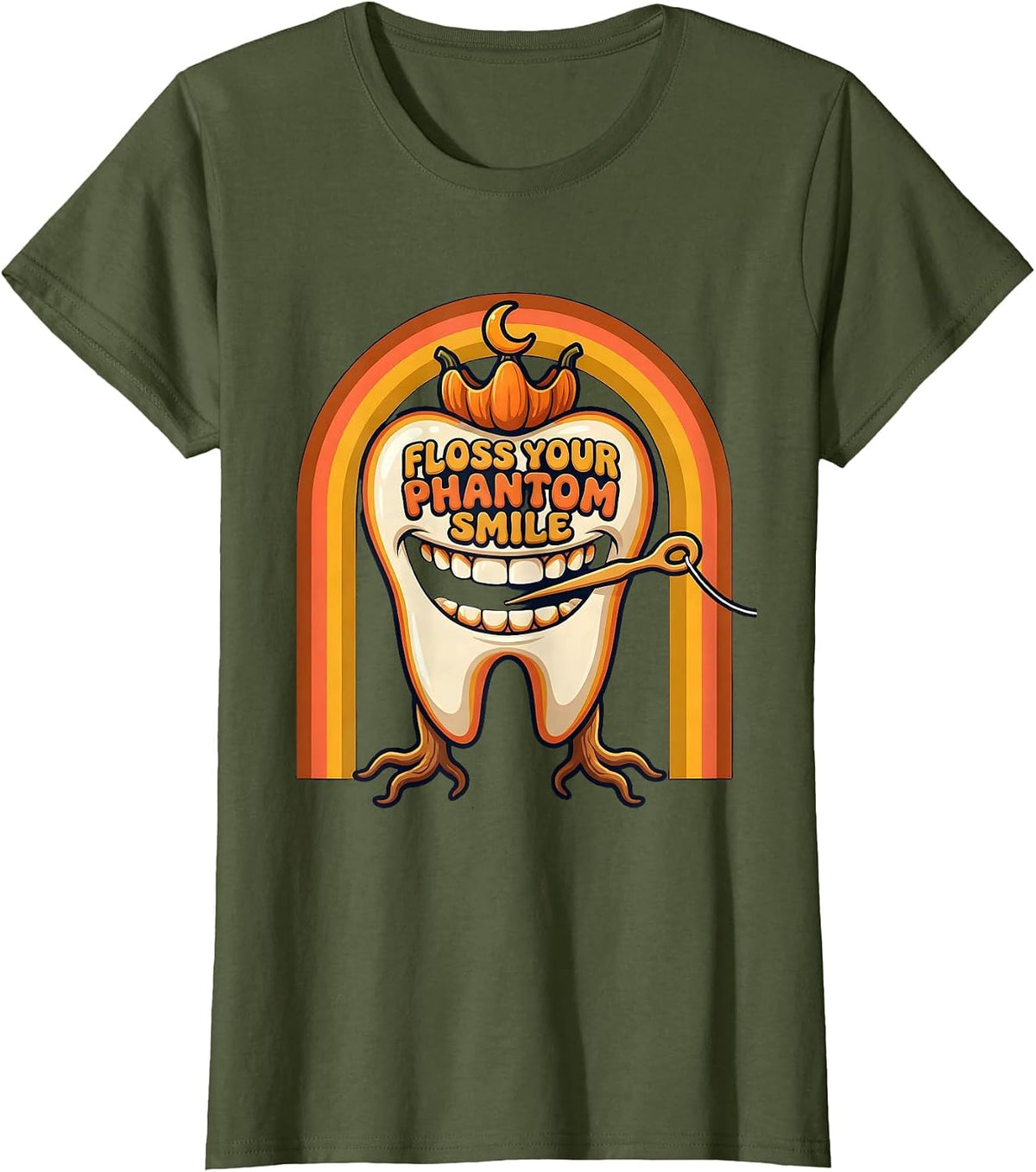 Women's Floss Your Phantom Smile Retro 70s Halloween Dentist Dental T-Shirt - Olive Green