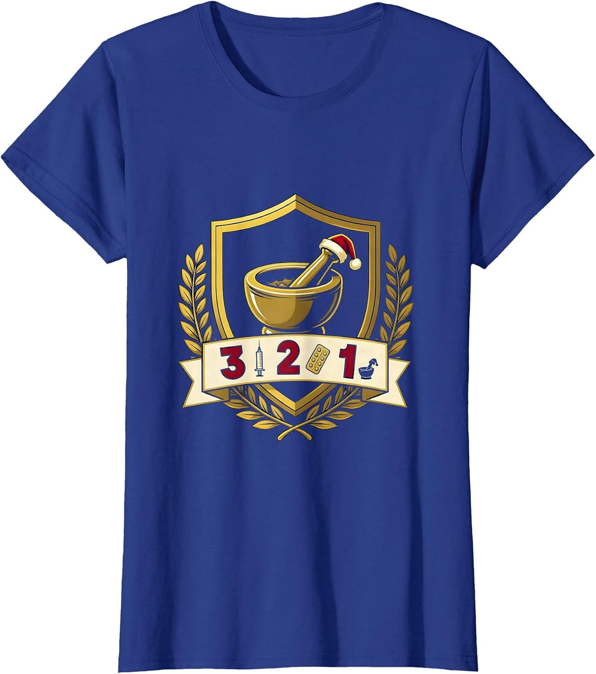 Women's 3 Flu Shots, 2 Unit-Dose Trays, 1 Santa Hat Mortar Pharmacy T-Shirt - Royal Blue