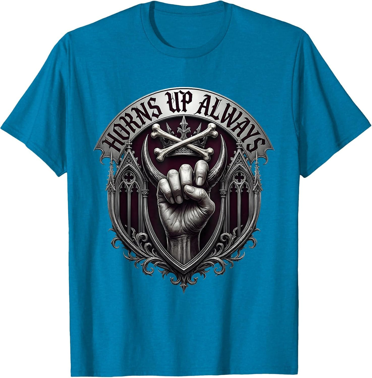 Horns Up Always Heavy Metal Graphic Design T-Shirt - Sapphire Blue