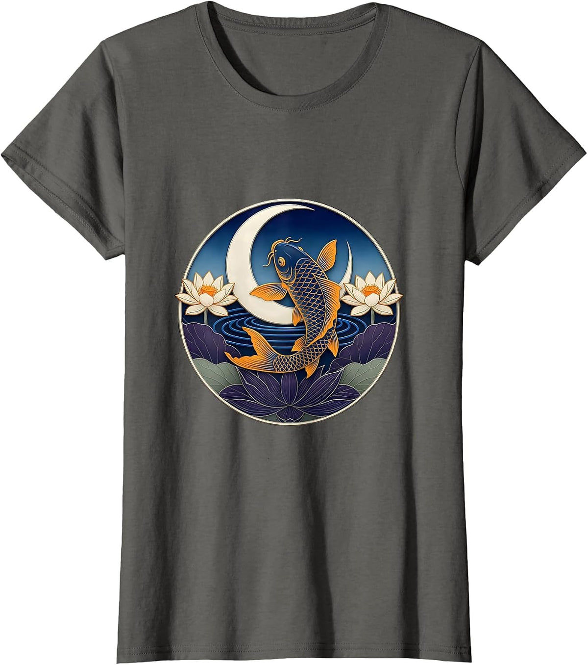 Women's Sealed Crescent Koi Ukiyo-e Boho Mystical Nature T-Shirt - Asphalt Grey