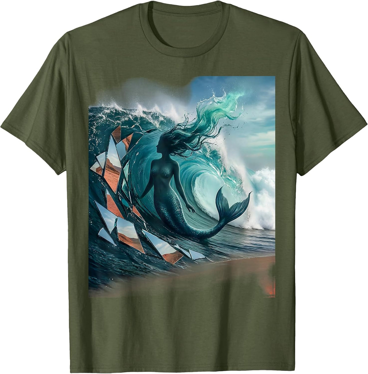 Mermaid Silhouette Ocean Wave Curl Graphic T-Shirt - Olive Green