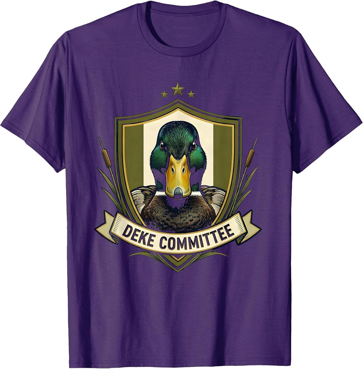 Deke Committee Mallard Duck Hunting Camo Wildlife Emblem T-Shirt - Purple
