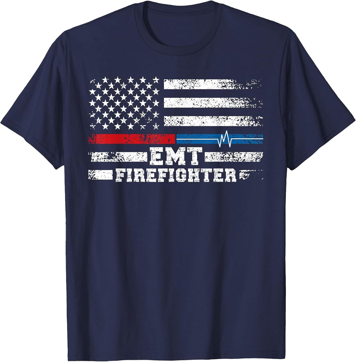 EMT Firefighter American Flag Proud Firefighter EMT T-Shirt - Navy Blue