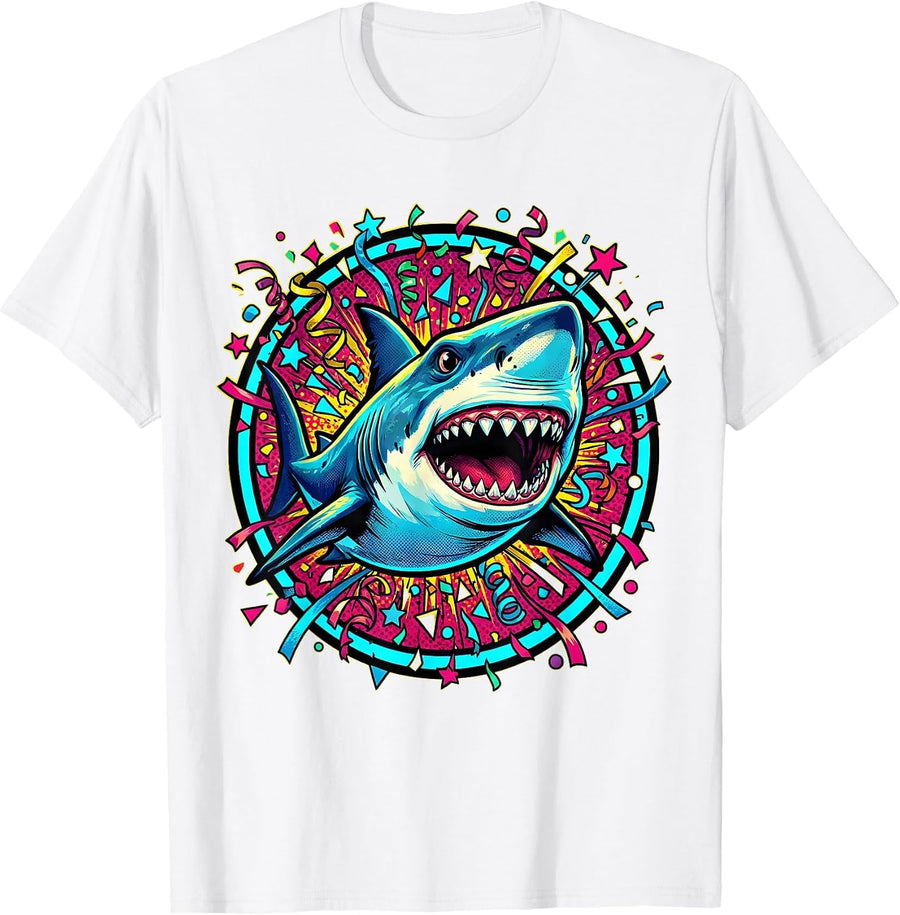 Men's Birthday Shark Confetti Ocean Celebration Design T-Shirt - White