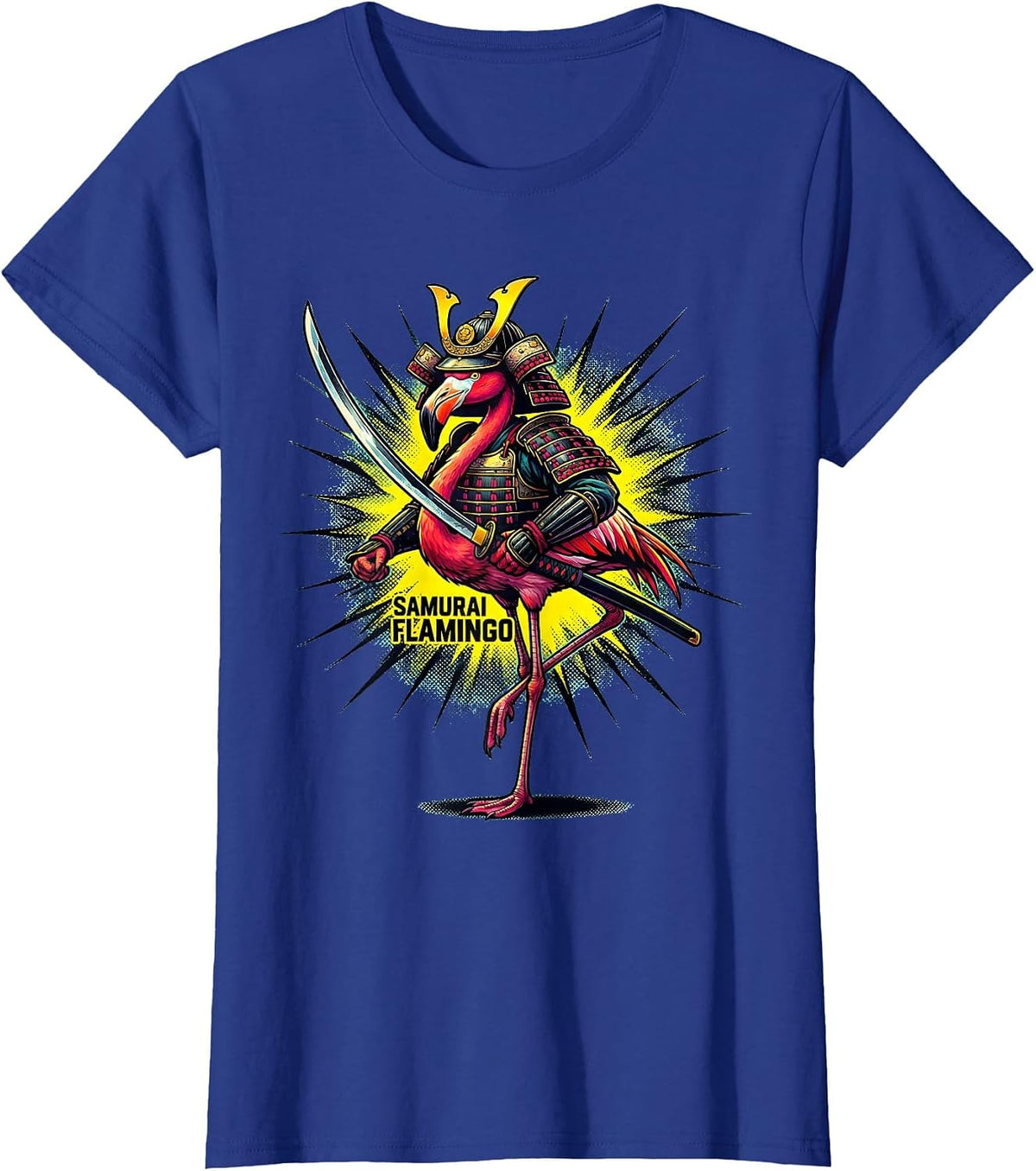Women's Samurai Flamingo Pop Art Anime Warrior Graphic T-Shirt - Royal Blue