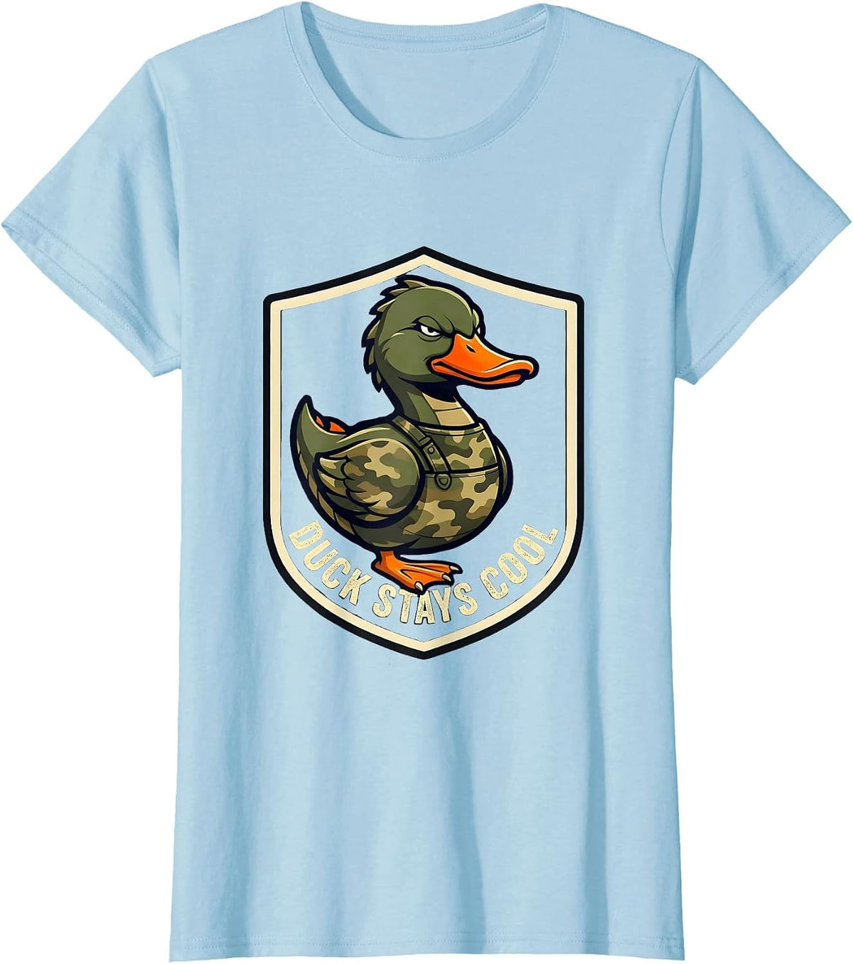 Duck Stays Cool Emblem Funny Hunting Camo Gift T-Shirt - Baby Blue