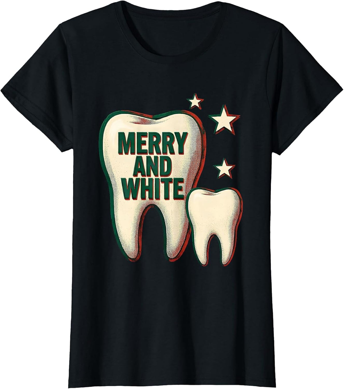 Women's Merry and White Funny Dental Christmas Dentist Dental T-Shirt - Black