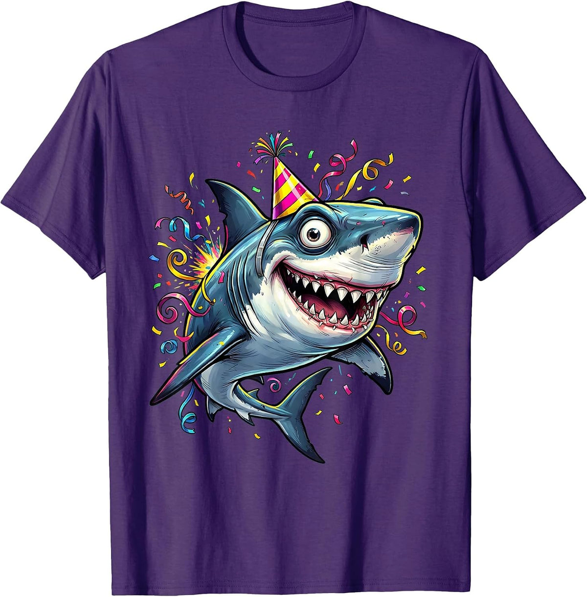 Men's Shark Birthday Hat Swimming Streamers Celebration T-Shirt - Purple